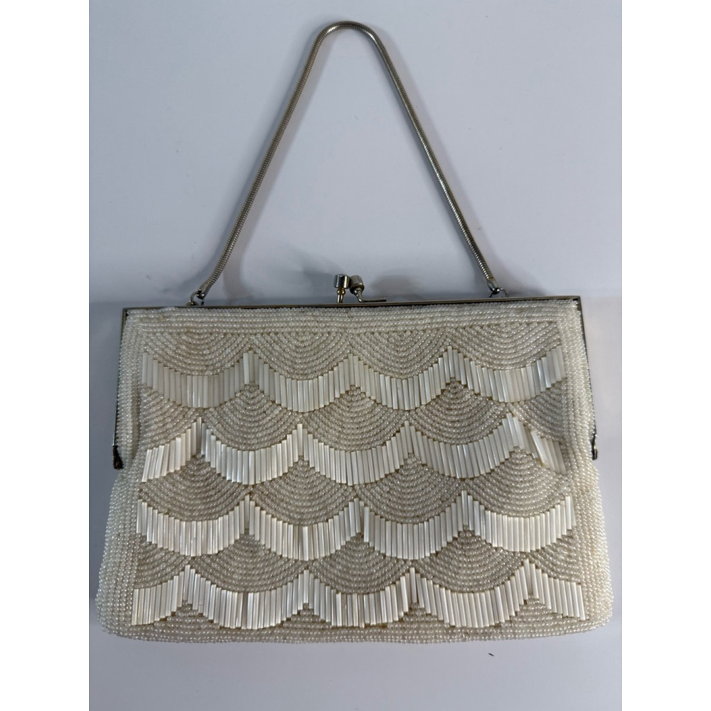 Vintage Beaded Evening Bag | Ivory Scallop Design | Art Deco Style Purse